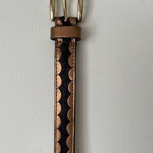 NWOT Vintage Tan and Black Scalloped Leather Belt Bronze & Pony Hair Details